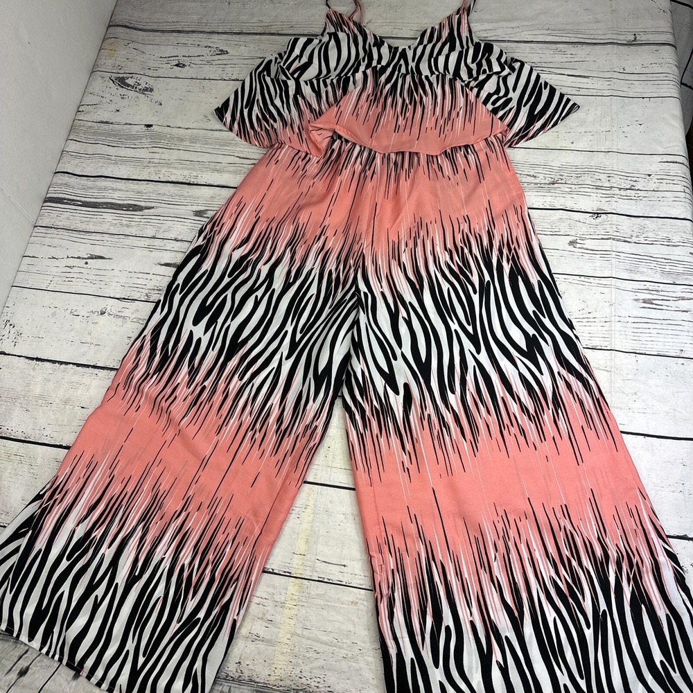 True Destiny Romper Medium Pink Stripe Spaghetti Strap Ruffle Wide Leg Pockets